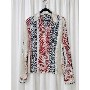Vintage PIANO Mixed Print Button Front Blouse Abstract Tropical Animal Stripe